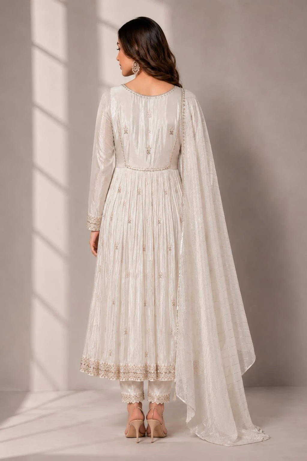 Cream embroidered Anarkali set
