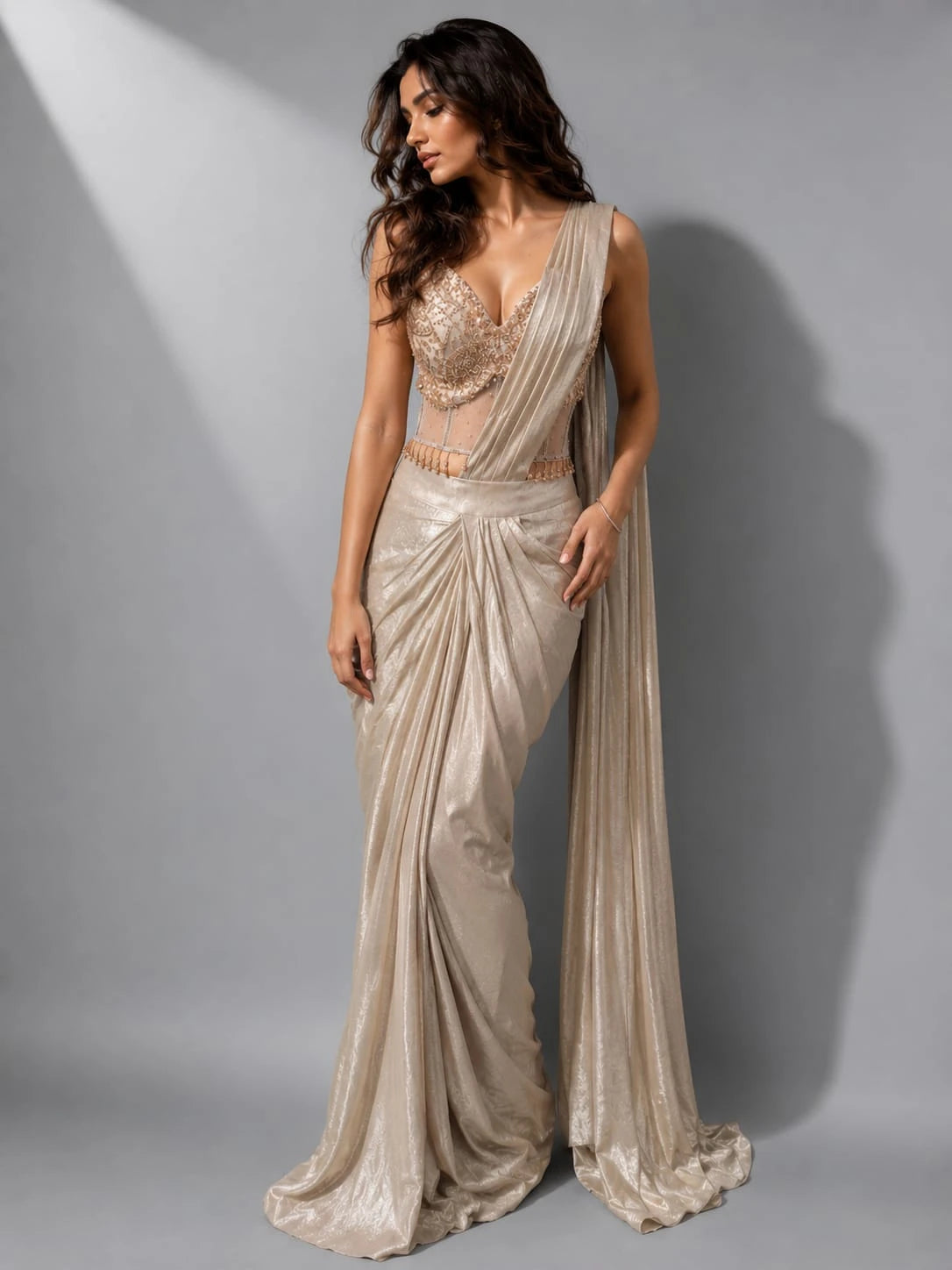 designer peach saree