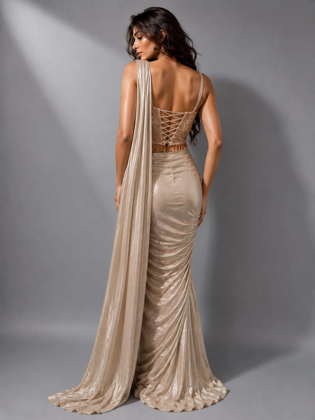 designer peach saree