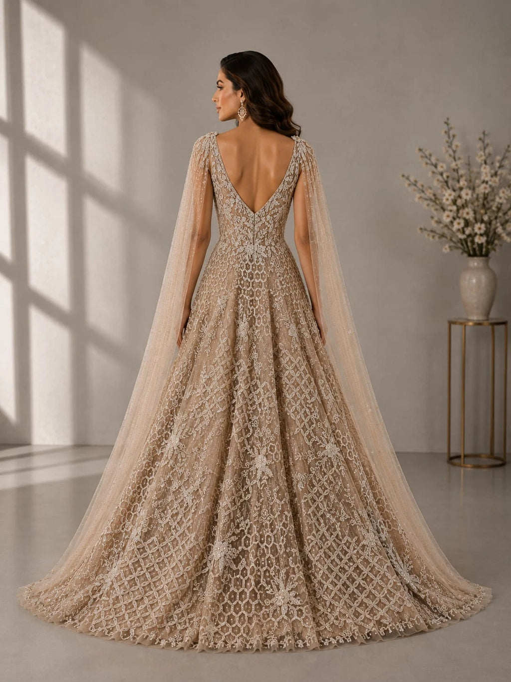 gold designer cape gown