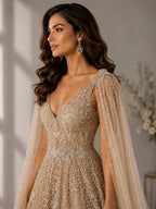 gold designer cape gown