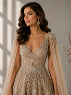 gold designer cape gown