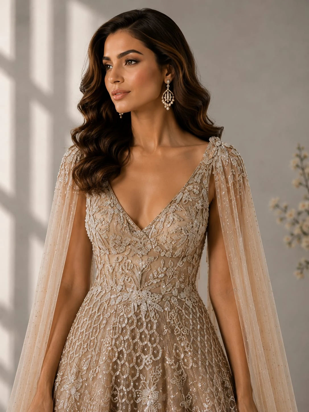gold designer cape gown