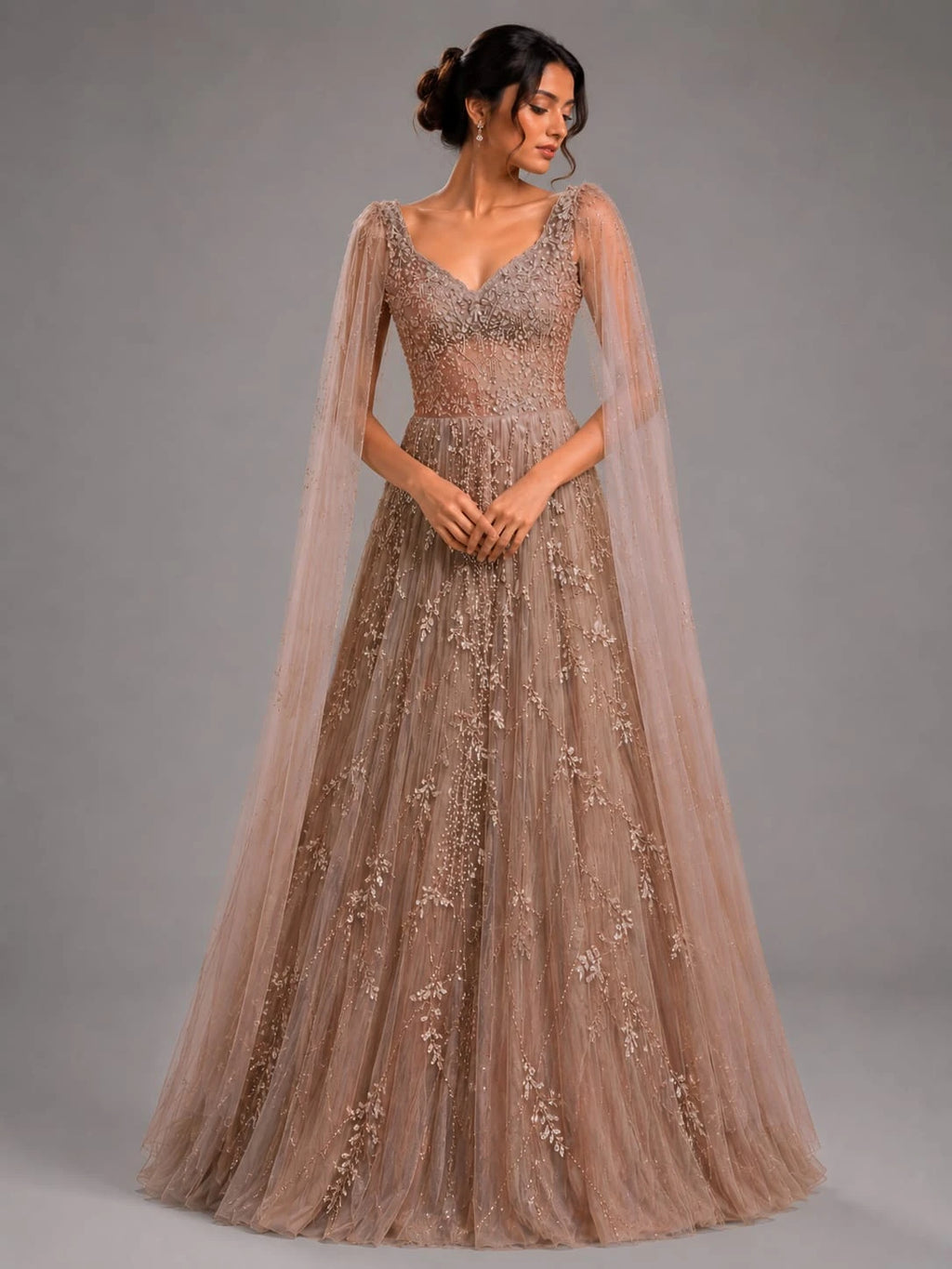 brown embroidered gown,