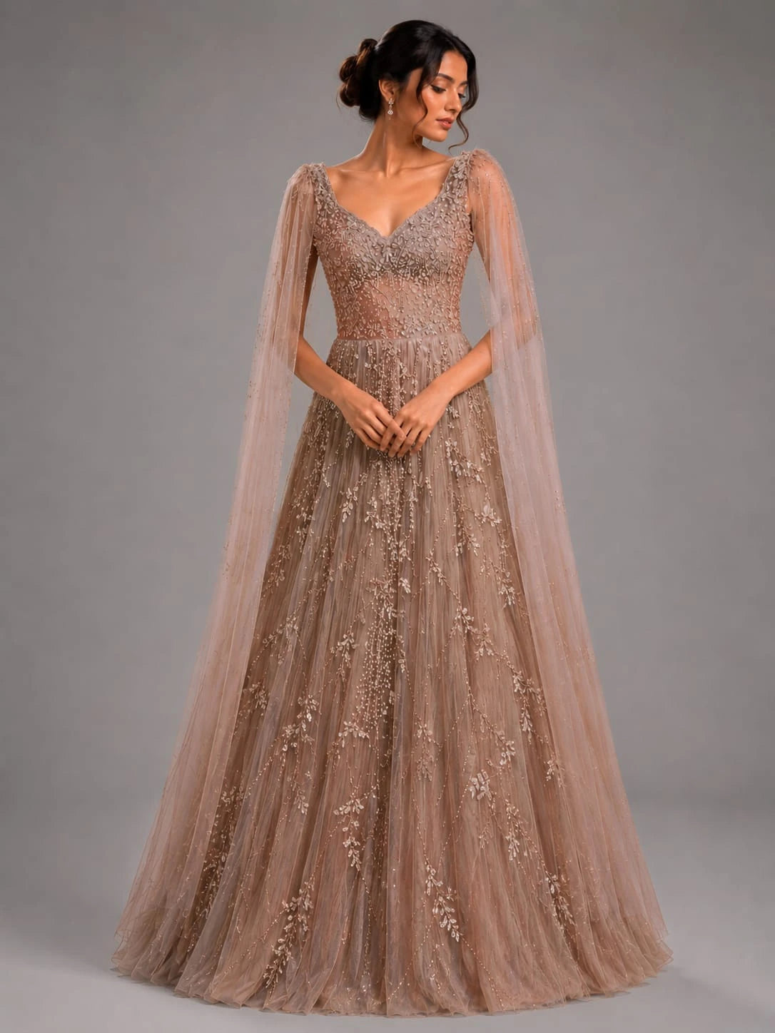 brown embroidered gown,