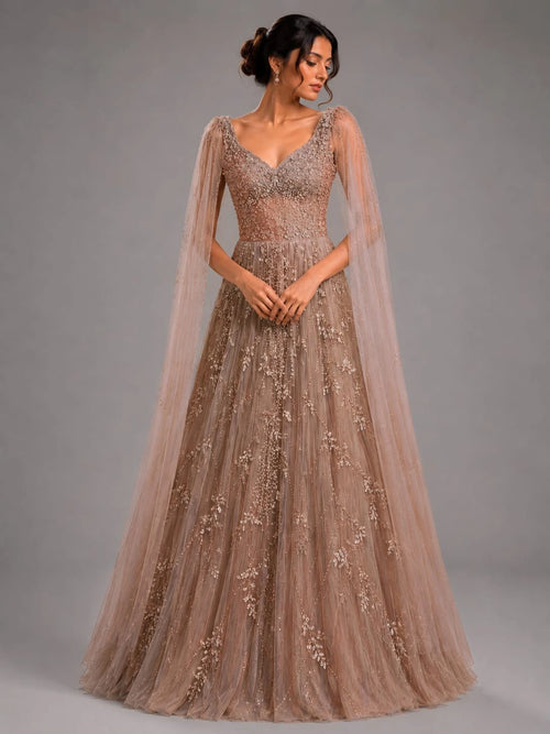 brown embroidered gown,