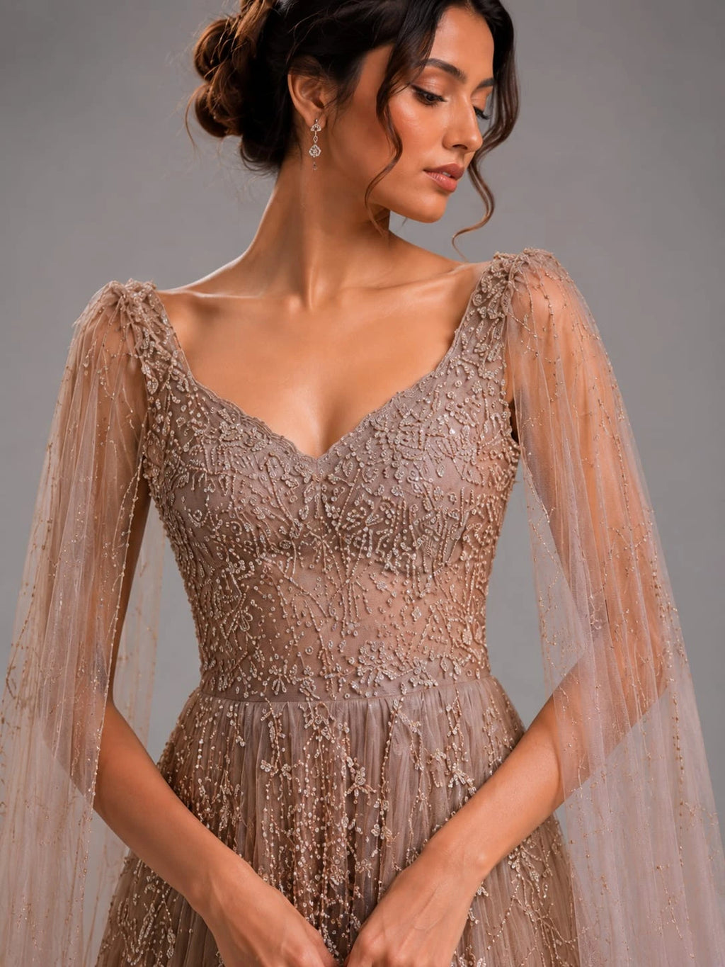 brown embroidered gown,