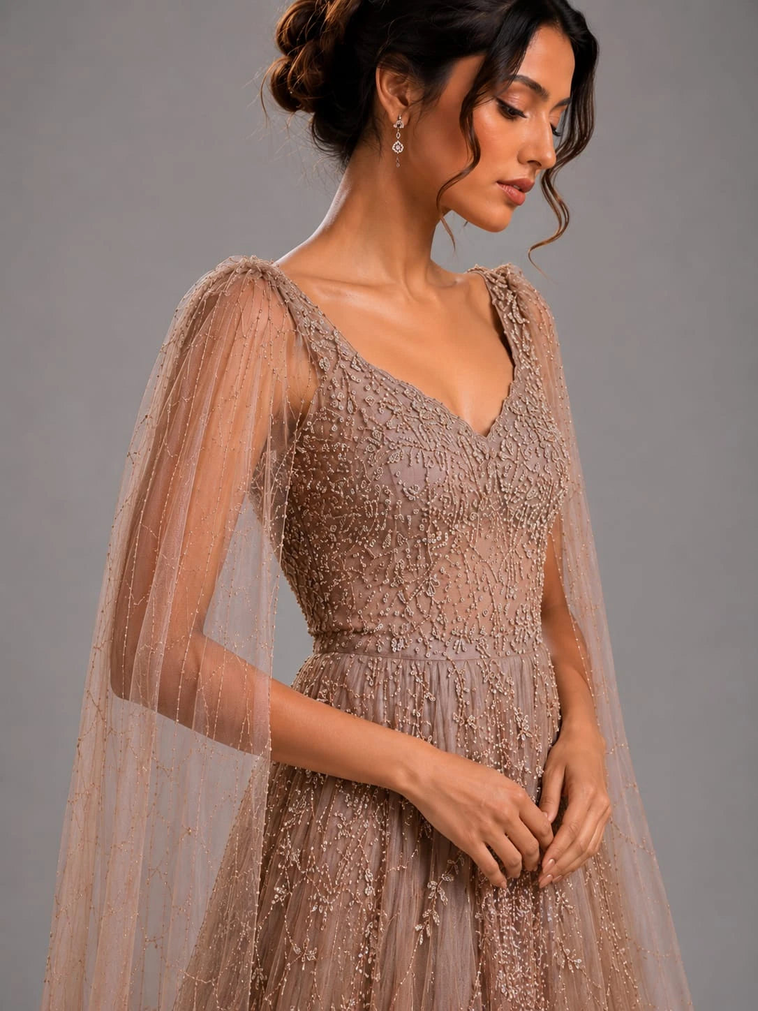 brown embroidered gown,