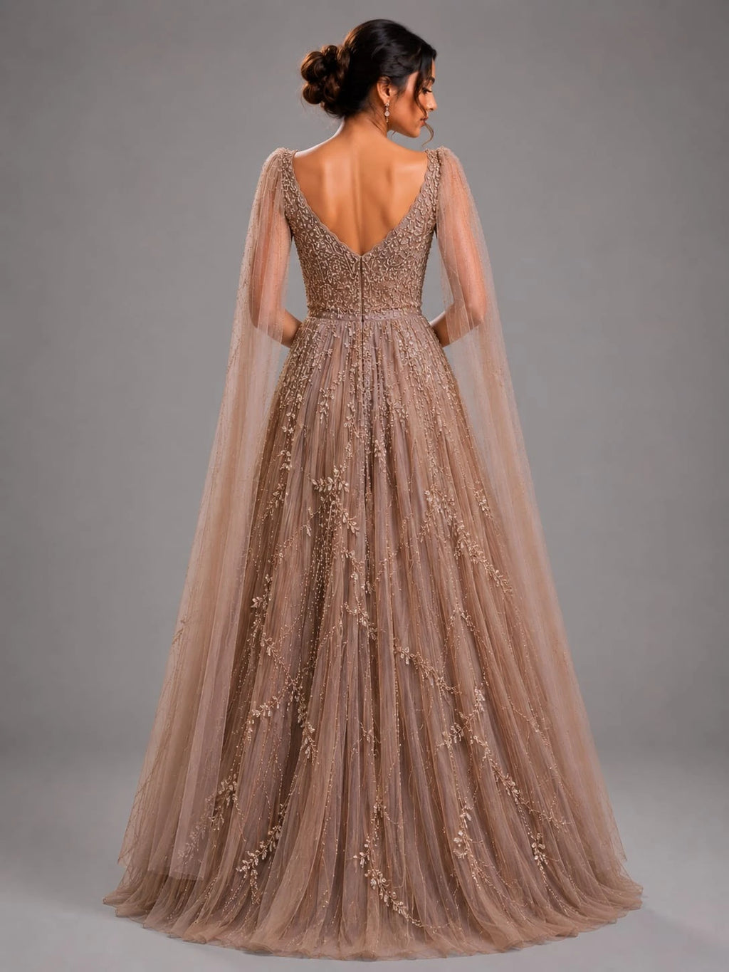 brown embroidered gown,