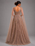 brown embroidered gown,