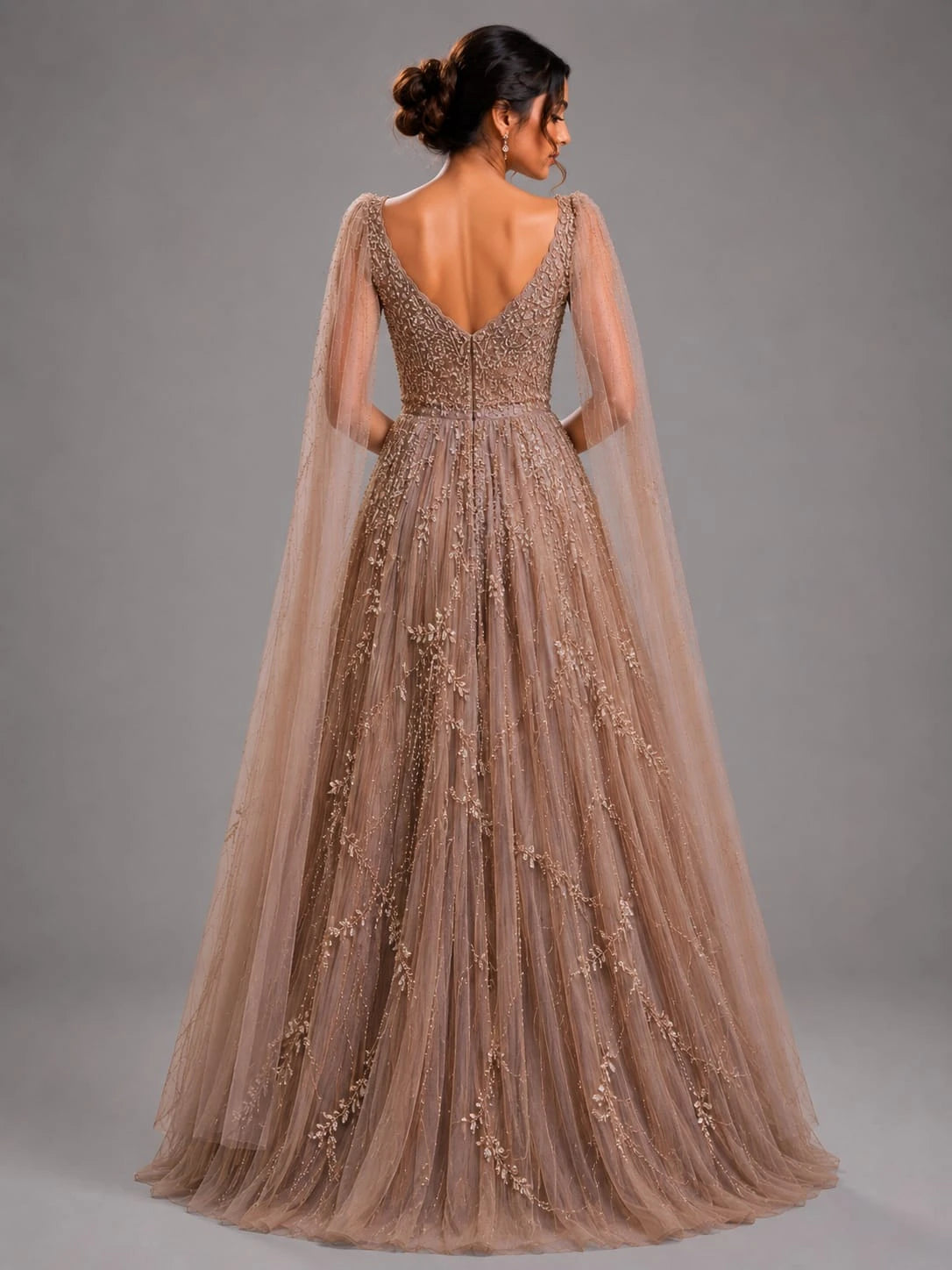 brown embroidered gown,