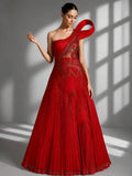 one shoulder red gown