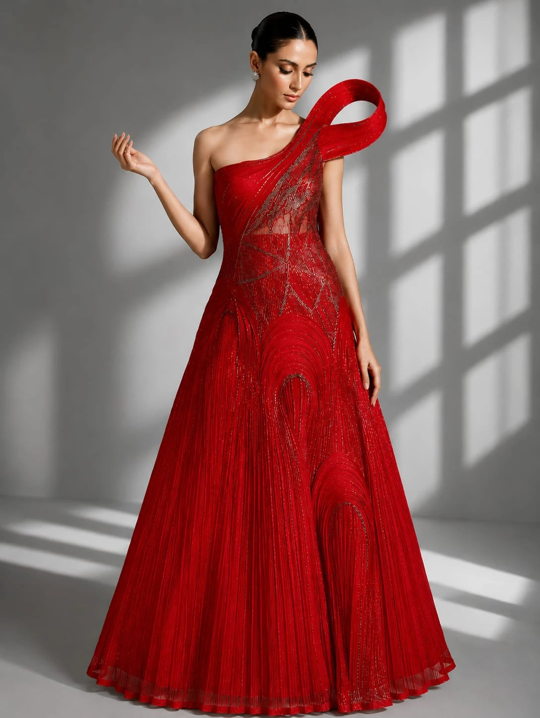 one shoulder red gown