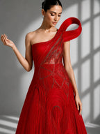 one shoulder red gown