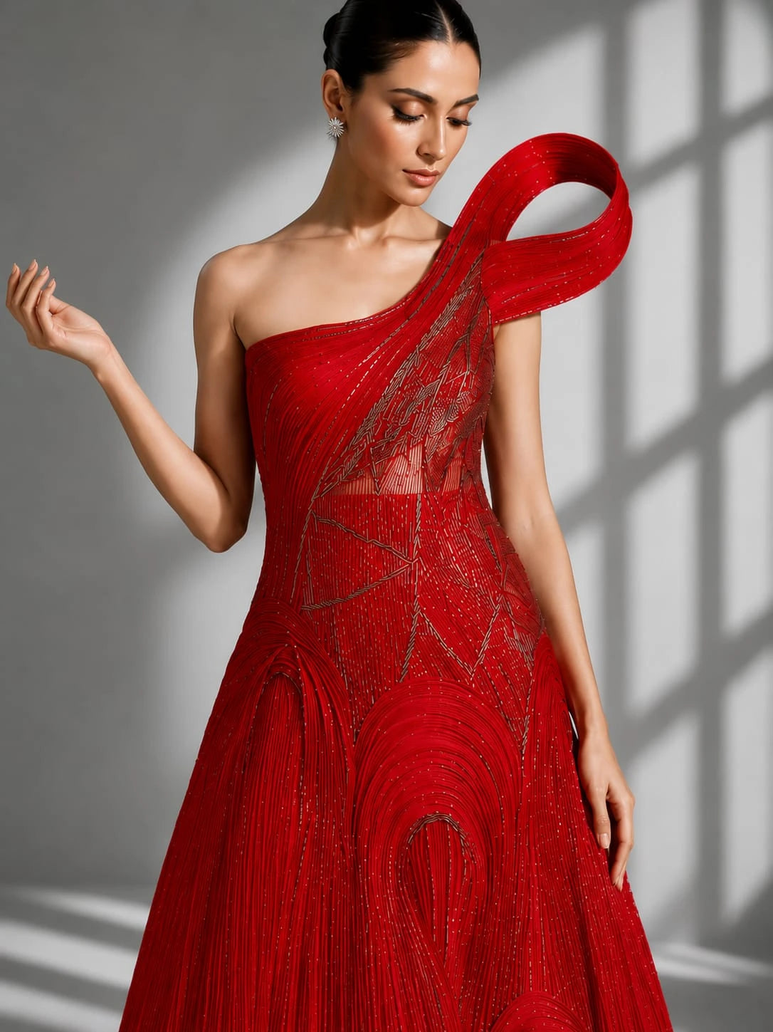 one shoulder red gown
