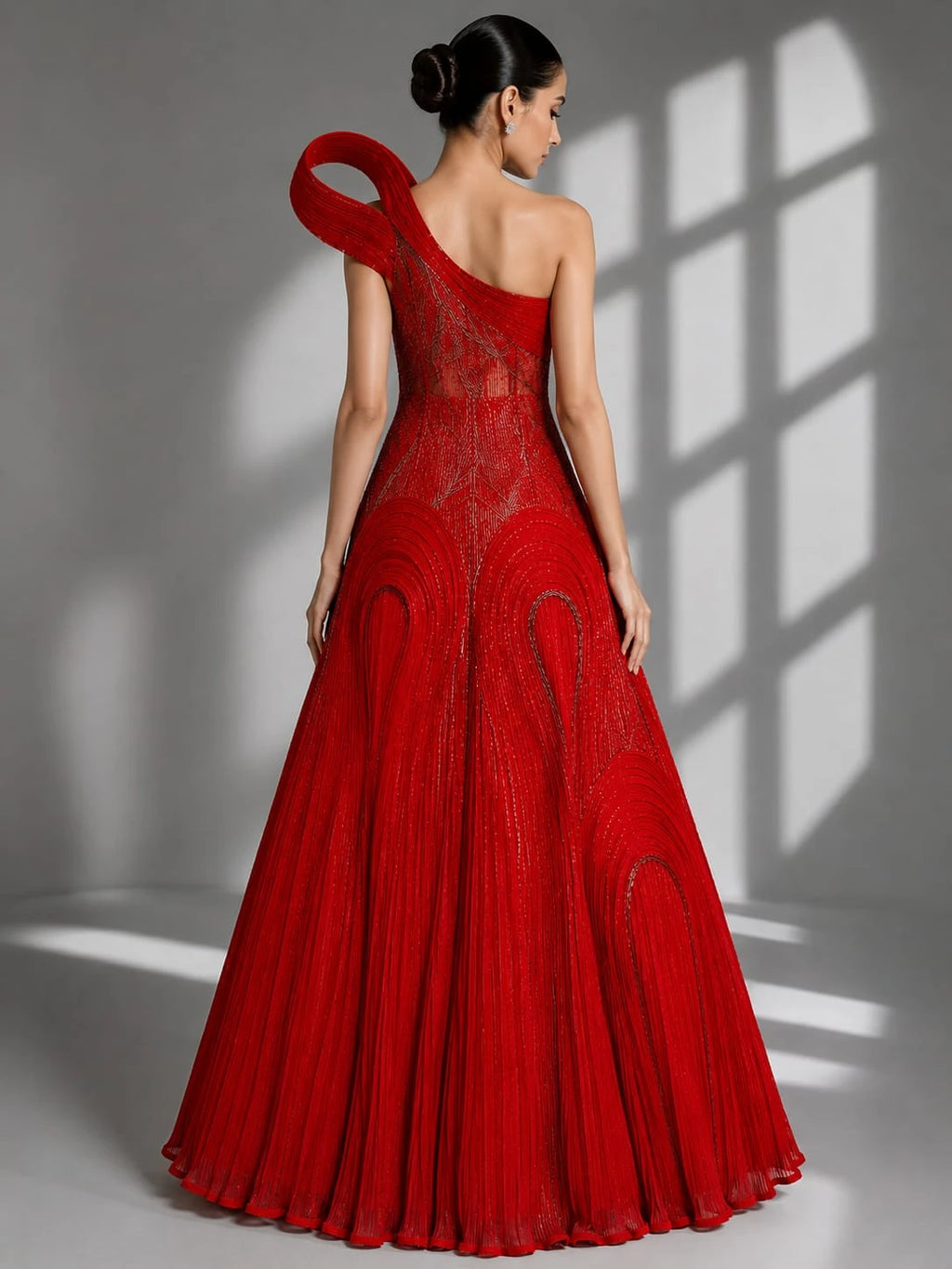 one shoulder red gown