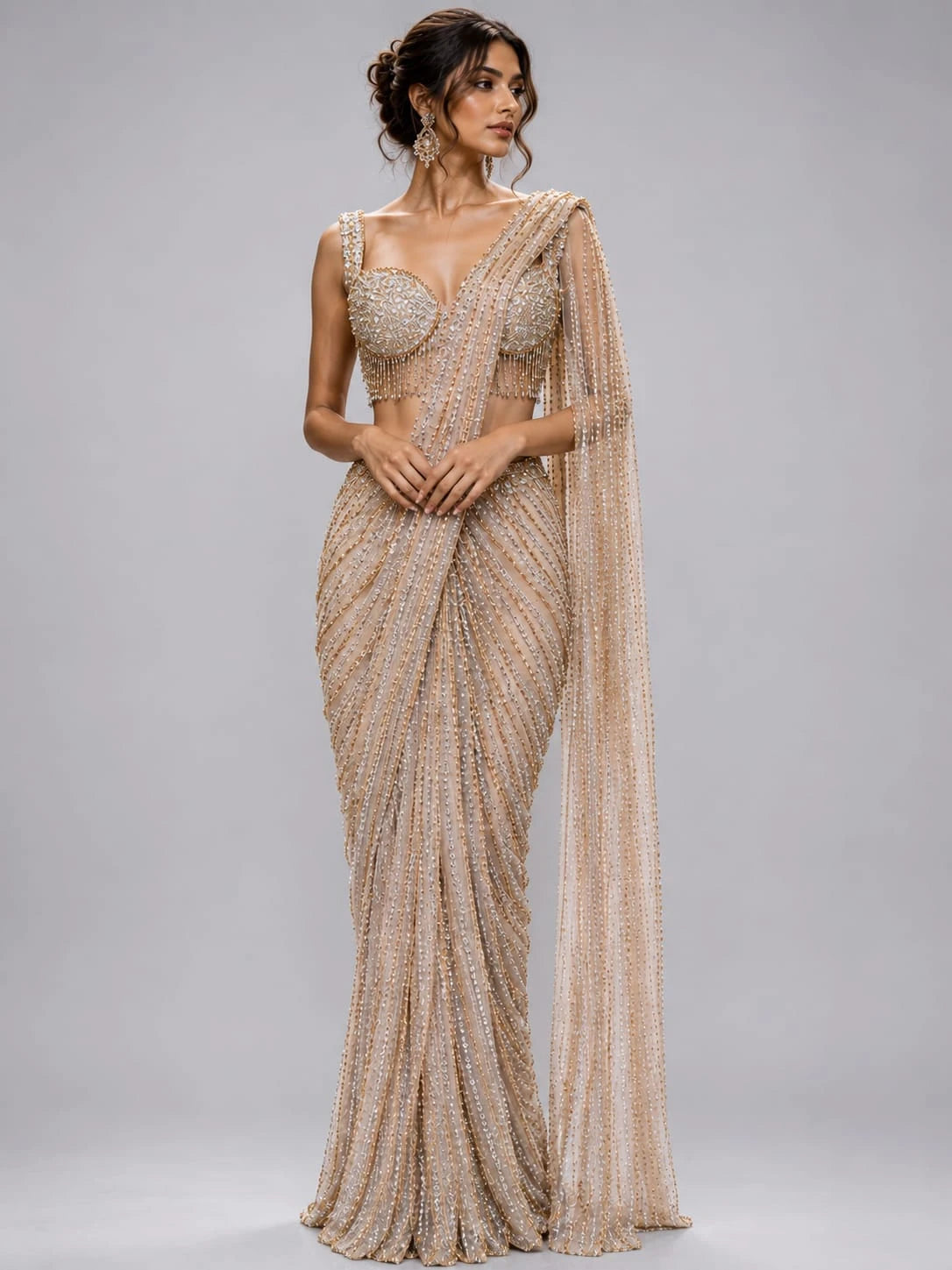gold drape saree beads