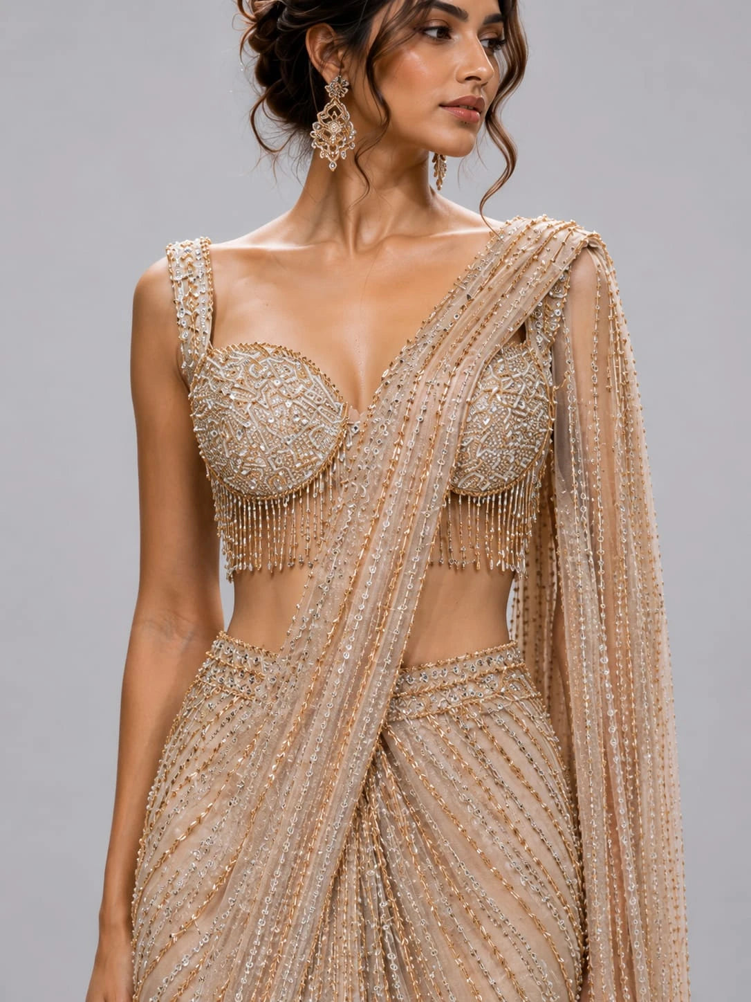 gold drape saree beads