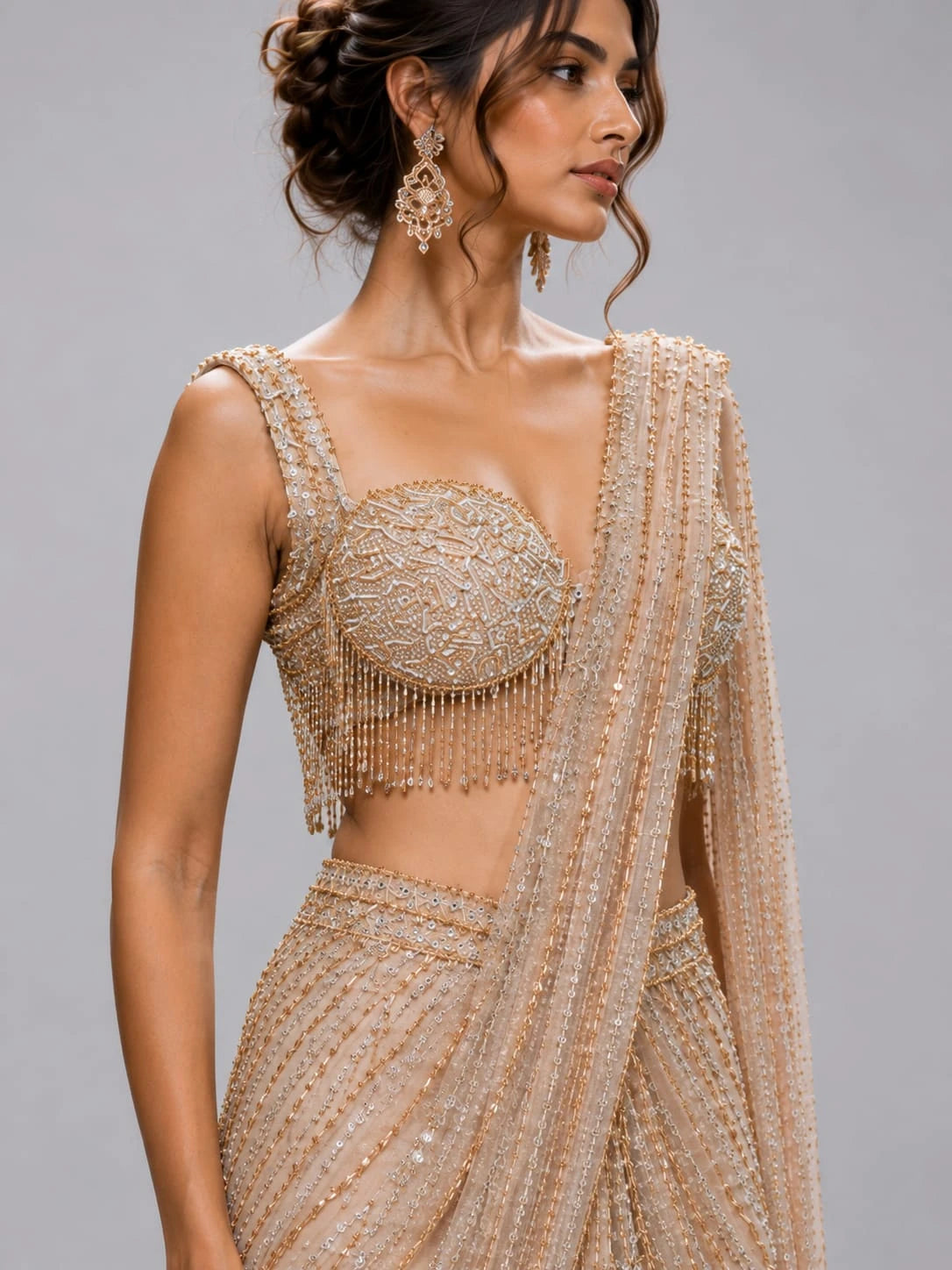 gold drape saree beads