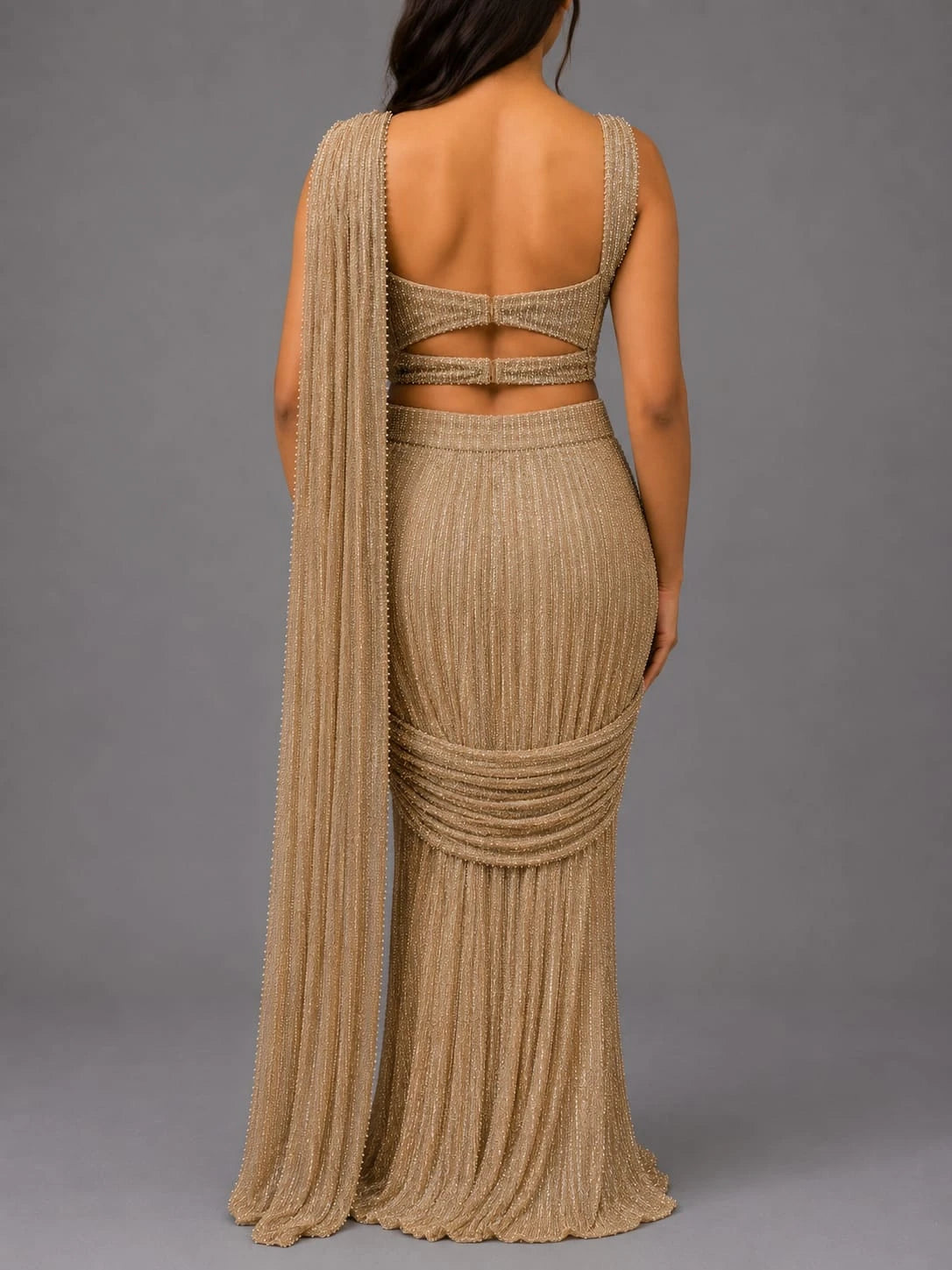 gold pre draped saree