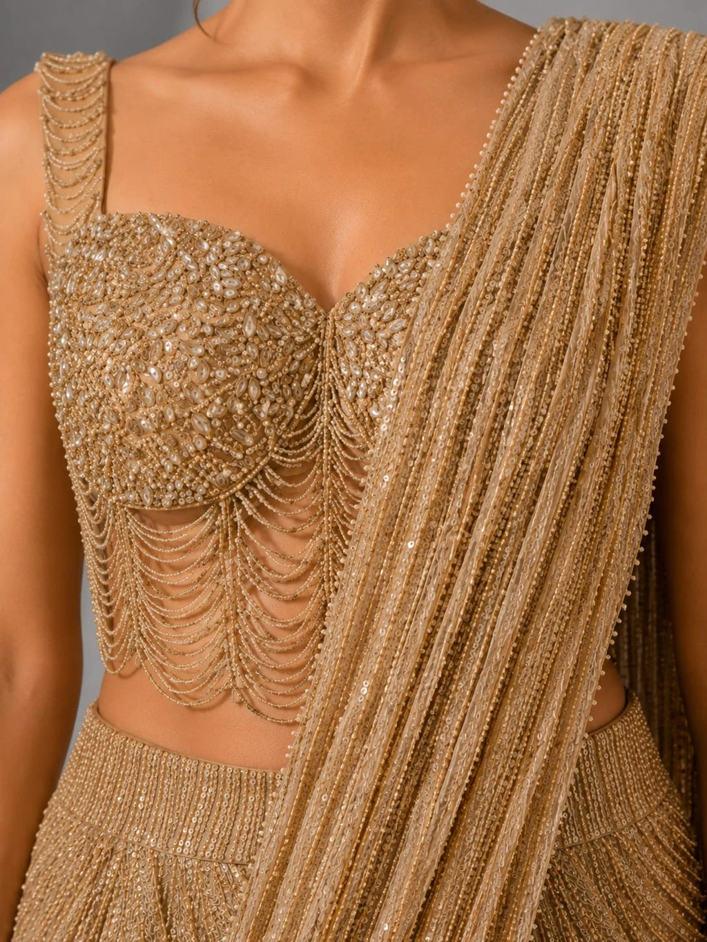 gold pre draped saree
