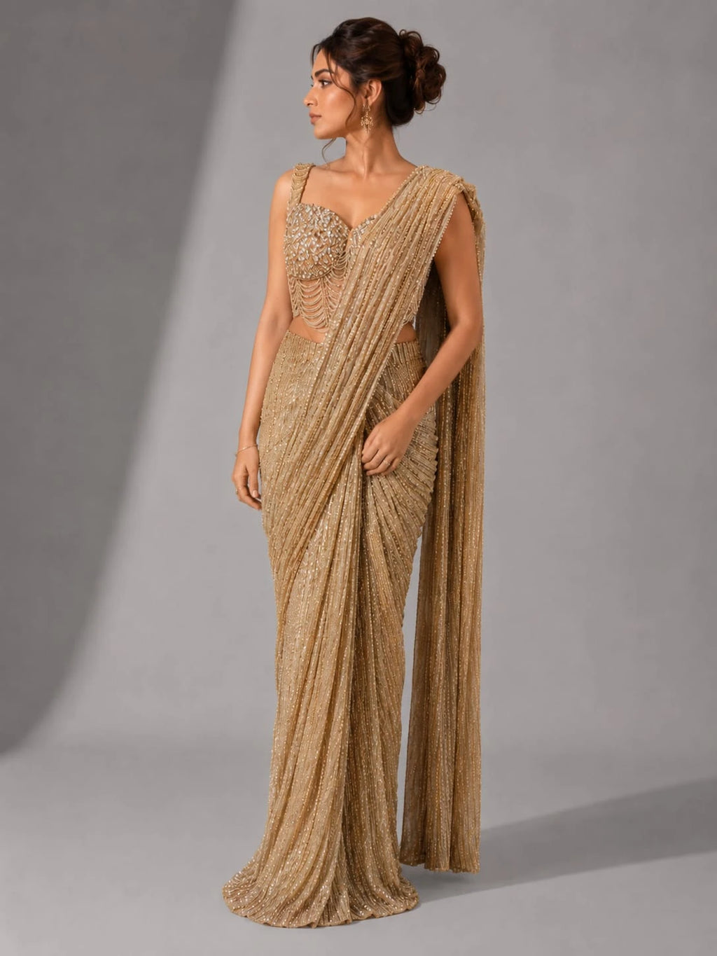 gold pre draped saree