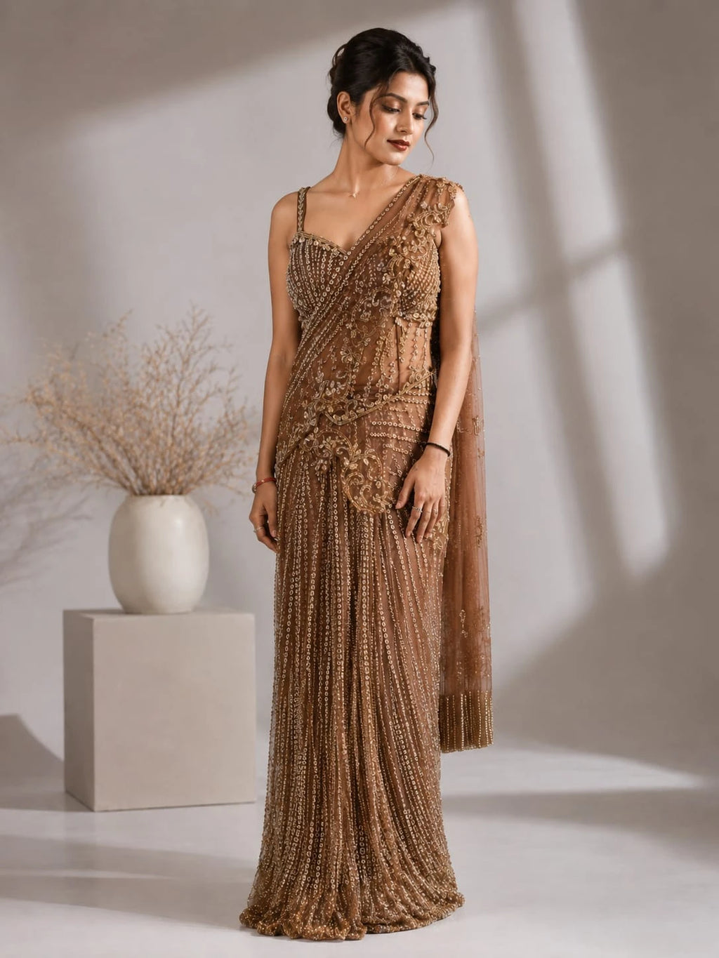 coffee brown drape saree