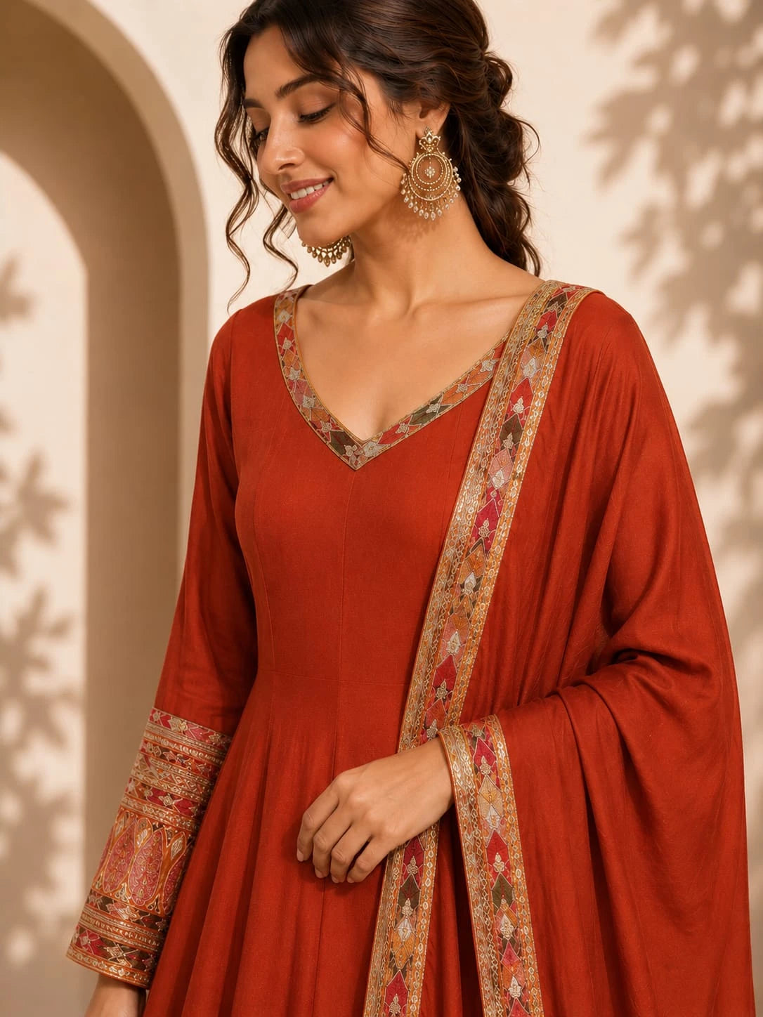 rust flared anarkali suit
