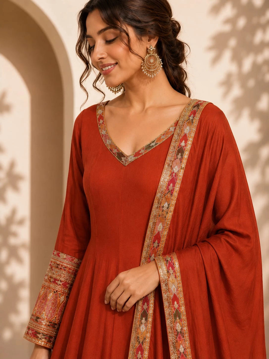 rust flared anarkali suit