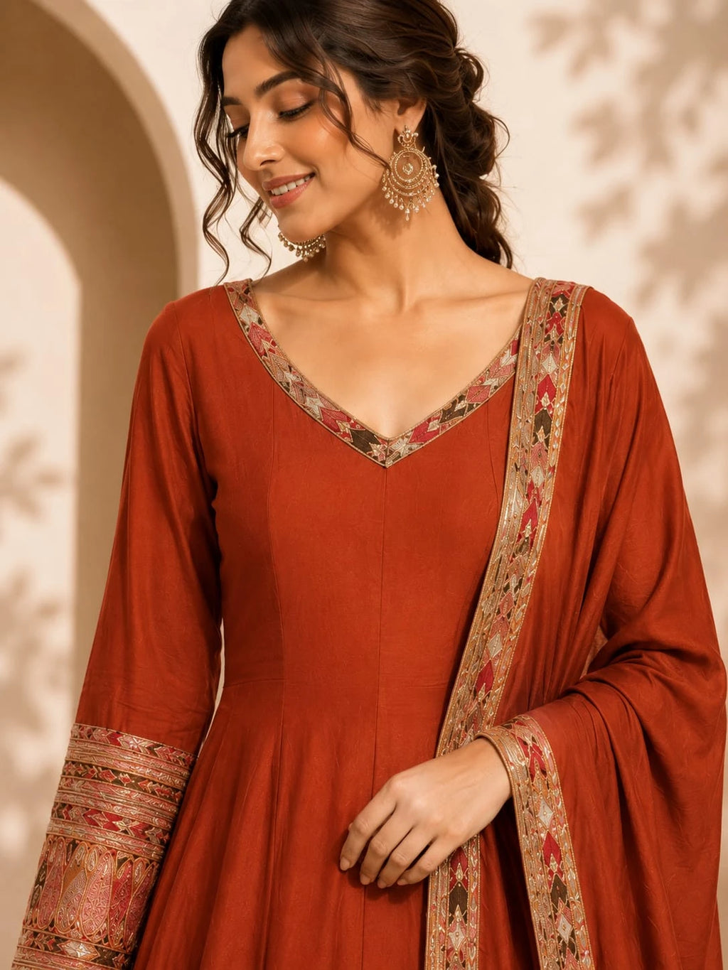 rust flared anarkali suit