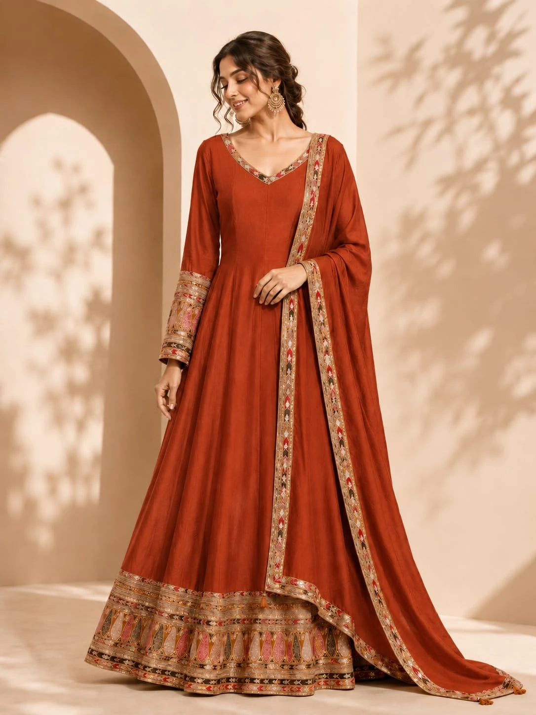 rust flared anarkali suit