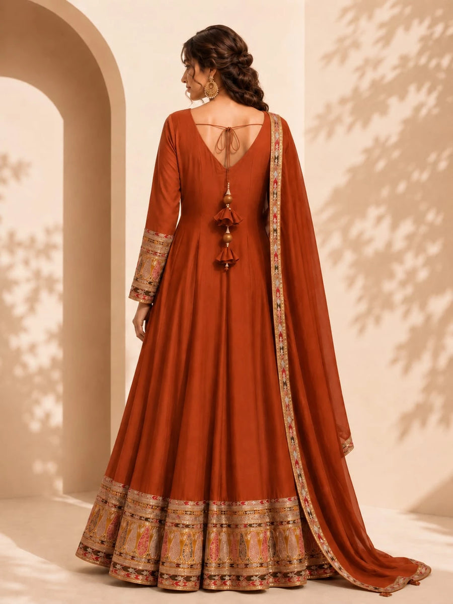 rust flared anarkali suit