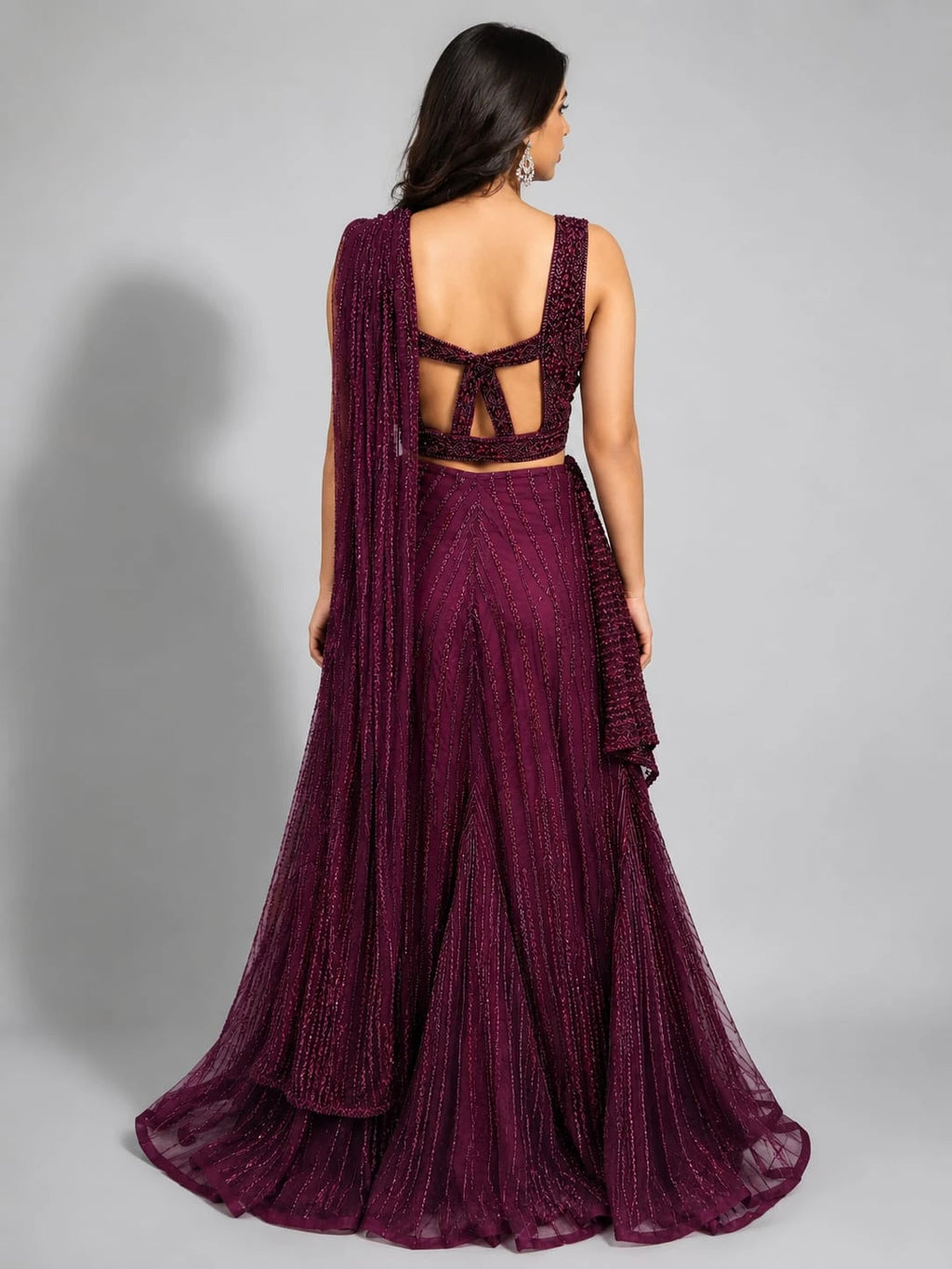wine embellished drape saree set
