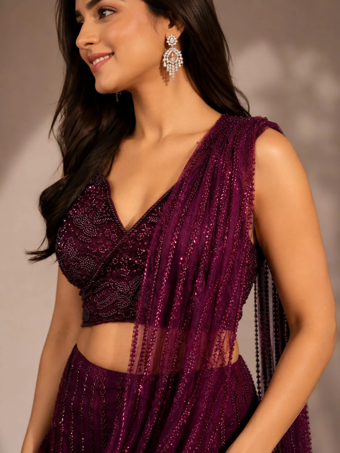 wine embellished drape saree set