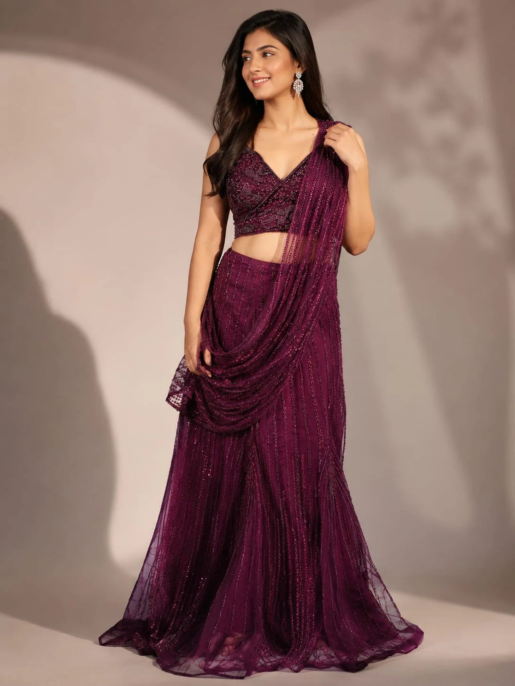 wine embellished drape saree set