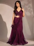 wine embellished drape saree set