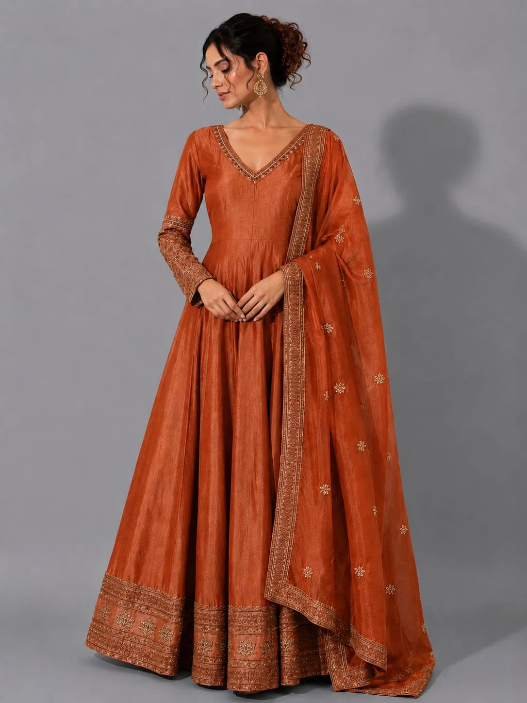 rust full sleeve anarkali suit