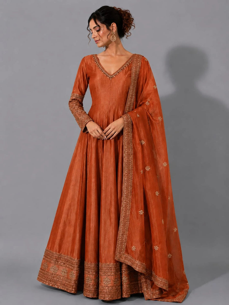 rust full sleeve anarkali suit