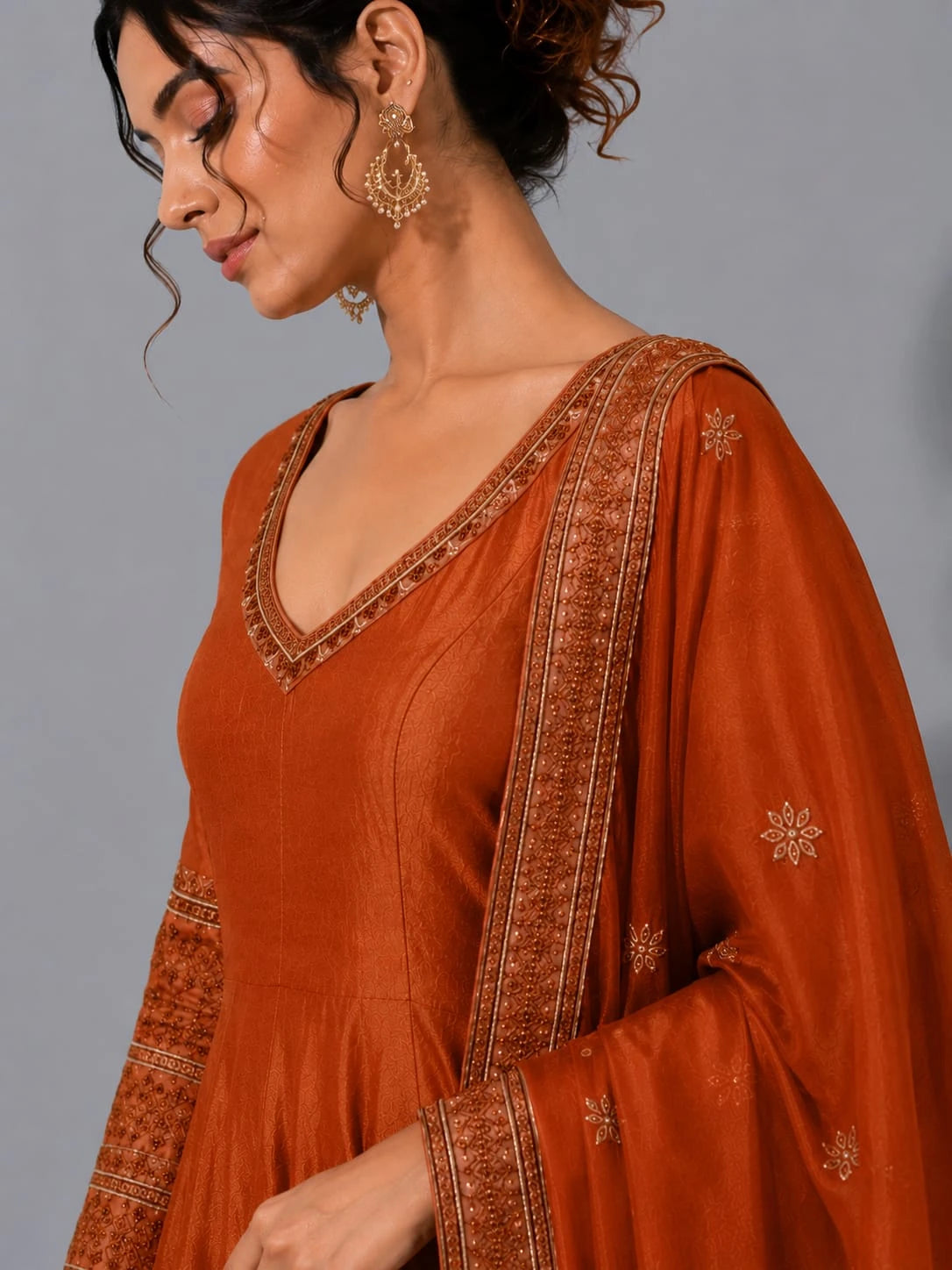 rust full sleeve anarkali suit