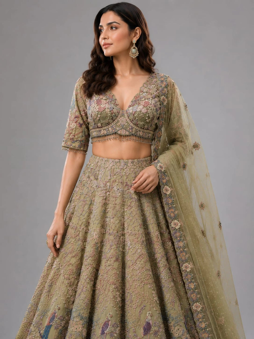 Designer Olive Green Lehenga