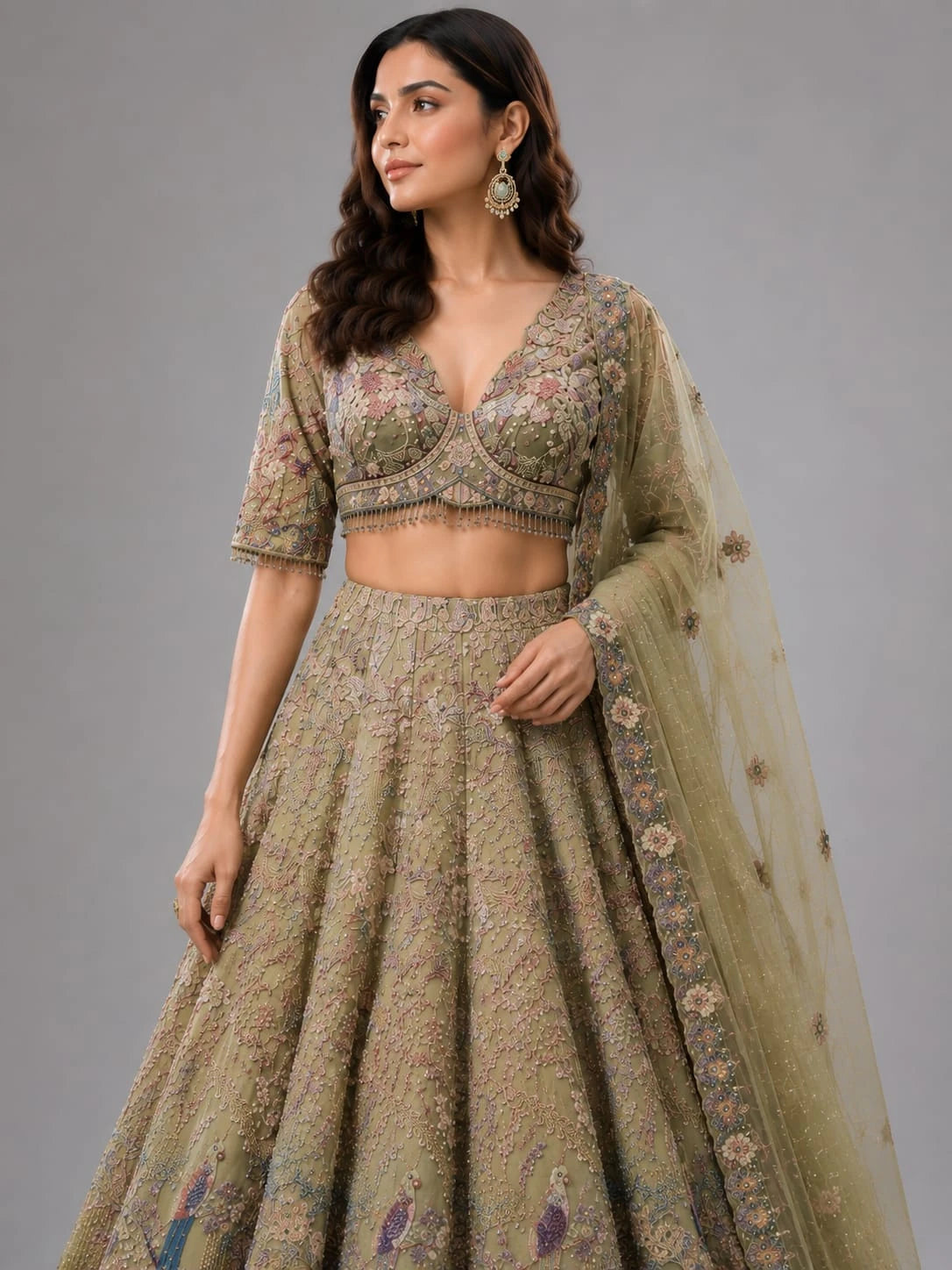 Designer Olive Green Lehenga
