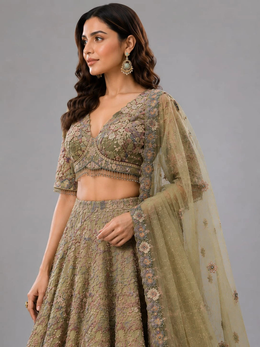 Designer Olive Green Lehenga
