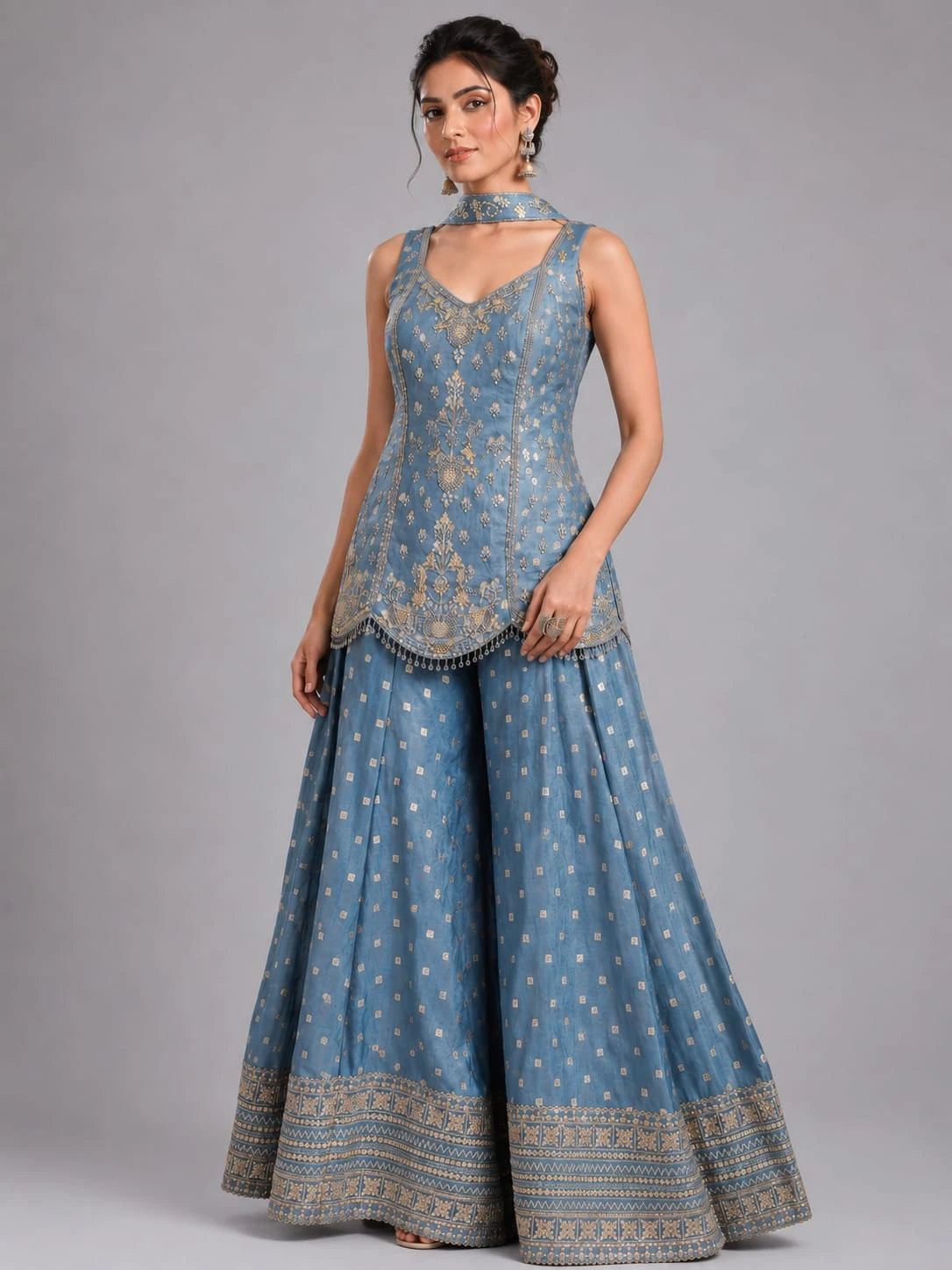 blue embroidered suit