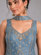blue embroidered suit