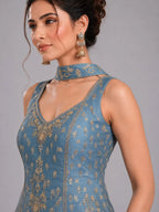 blue embroidered suit