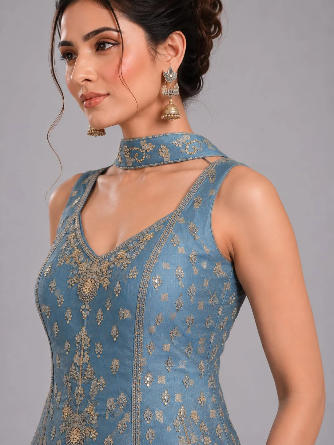 blue embroidered suit