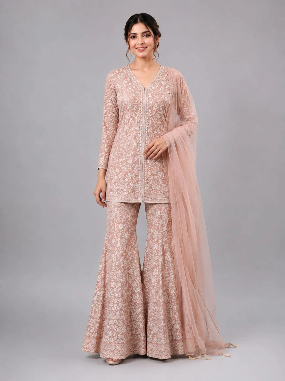 pink kurta sharara dupatta set