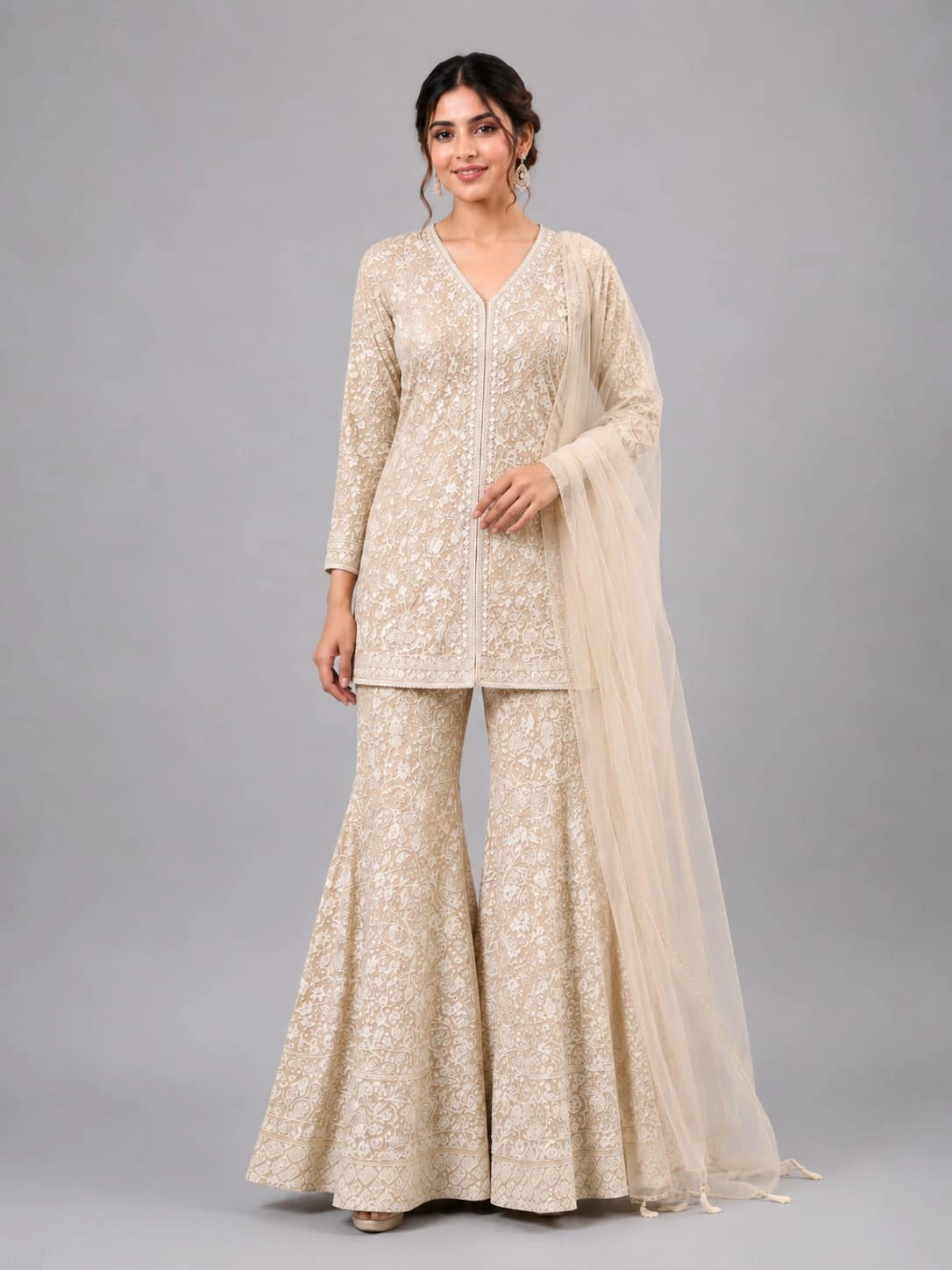 beige kurta sharara dupatta set