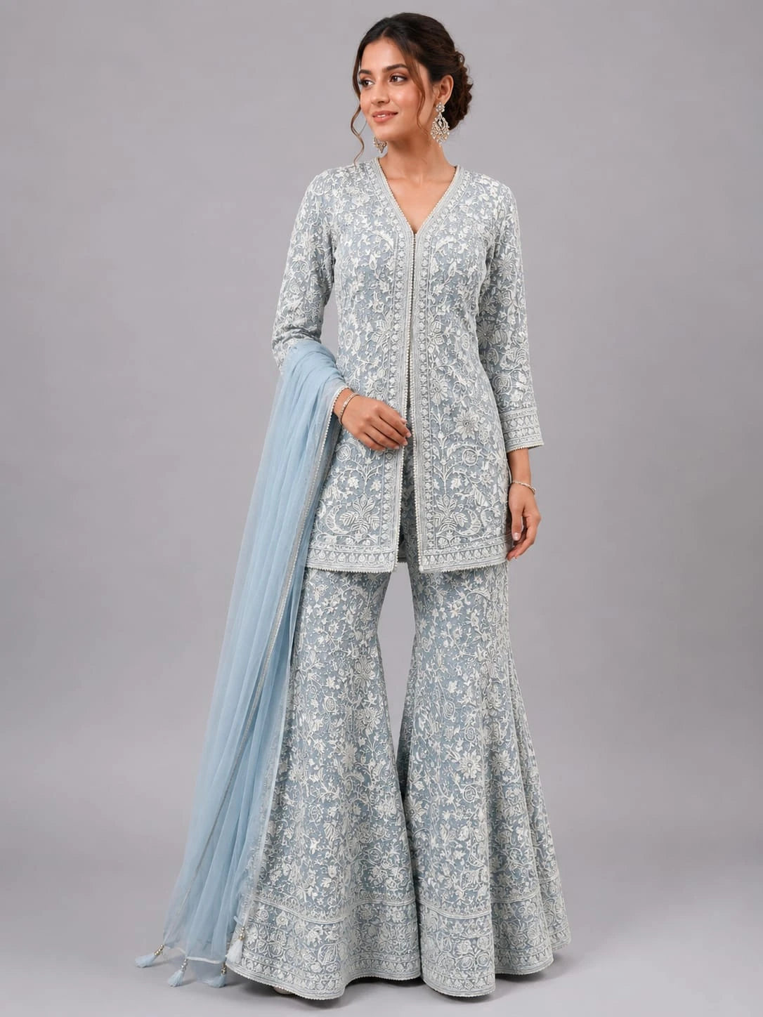 sky kurta sharara dupatta set