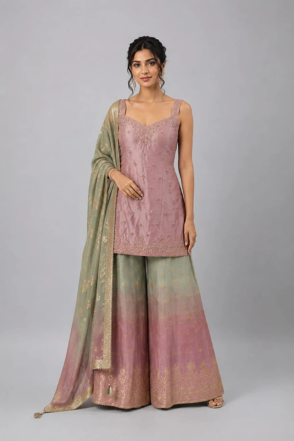 Pink Ombre Designer Sharara Set with Embroidered Kurti & Dupatta